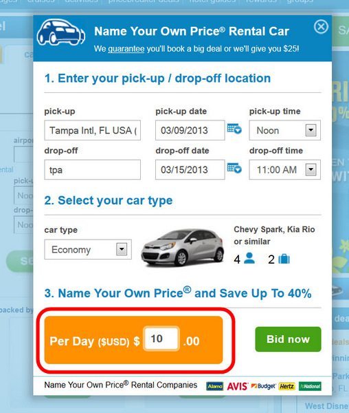 name your price rental car