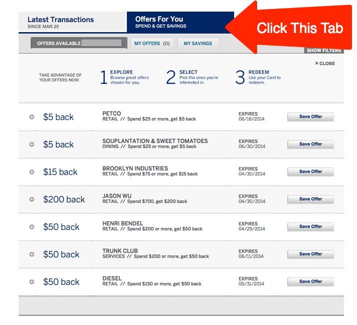 Log-in to Your AMEX Account, Scroll to the Bottom of the Page, and Click the "Offers for You" Tab