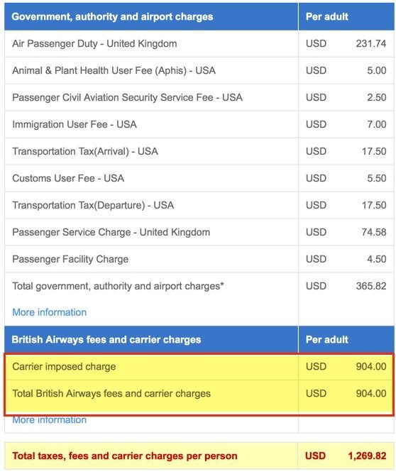 $904 of the total fees are fuel surcharges - US Airways is currently not charging this!