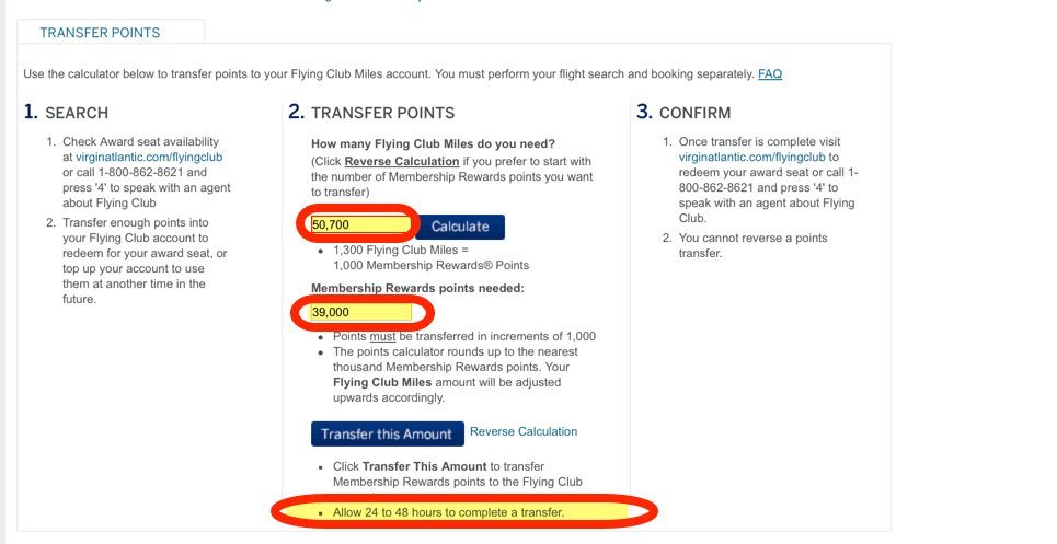 It Only Takes 24 to 48 Hours to Turn 39,000 AMEX Membership Rewards Points Into 50,400 Virgin Atlantic Miles