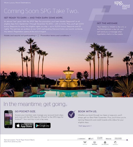Starwood Preferred Guest Offering Double Points Per Stay with Take Two Promotion