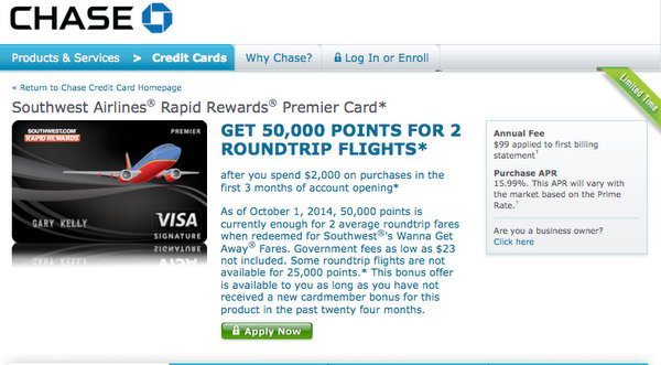 Credit Card Updates 50 000 Point Chase Southwest Premier Million Mile Secrets