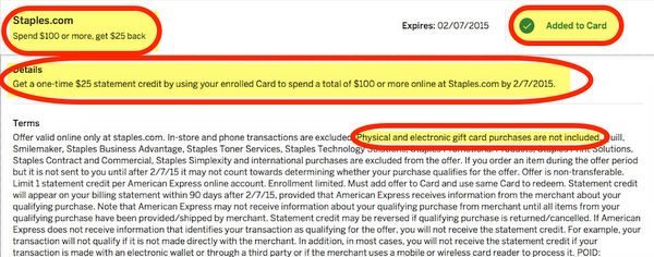 Hot Targeted 25 Off 100 At Staples AMEX Offer Works On Visa Gift Card Purchases