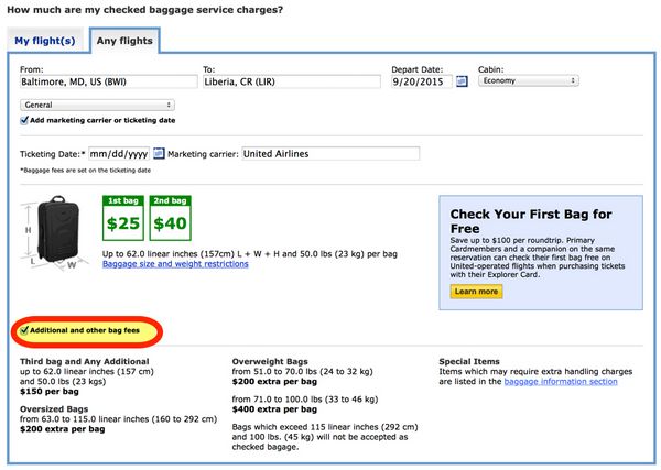 united airlines excess baggage cost