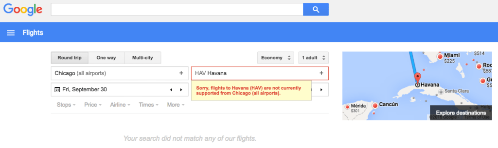 Flights to Cuba Using Google Flights Doesn't Seem Possible Yet
