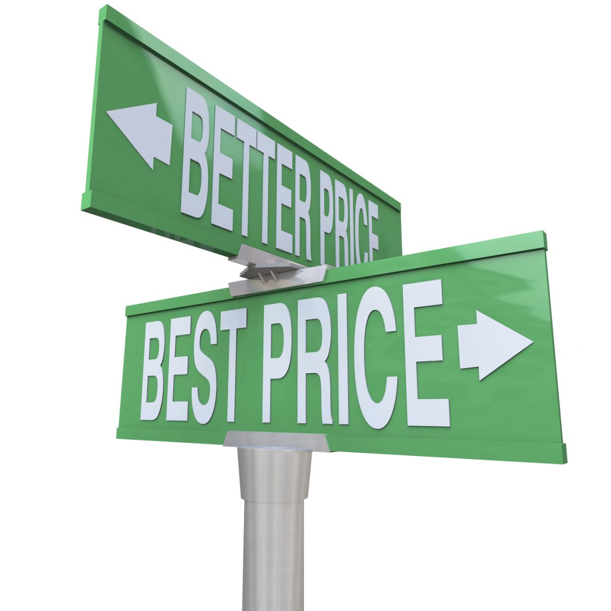 A green two-way street sign pointing to Better Price and Best Price