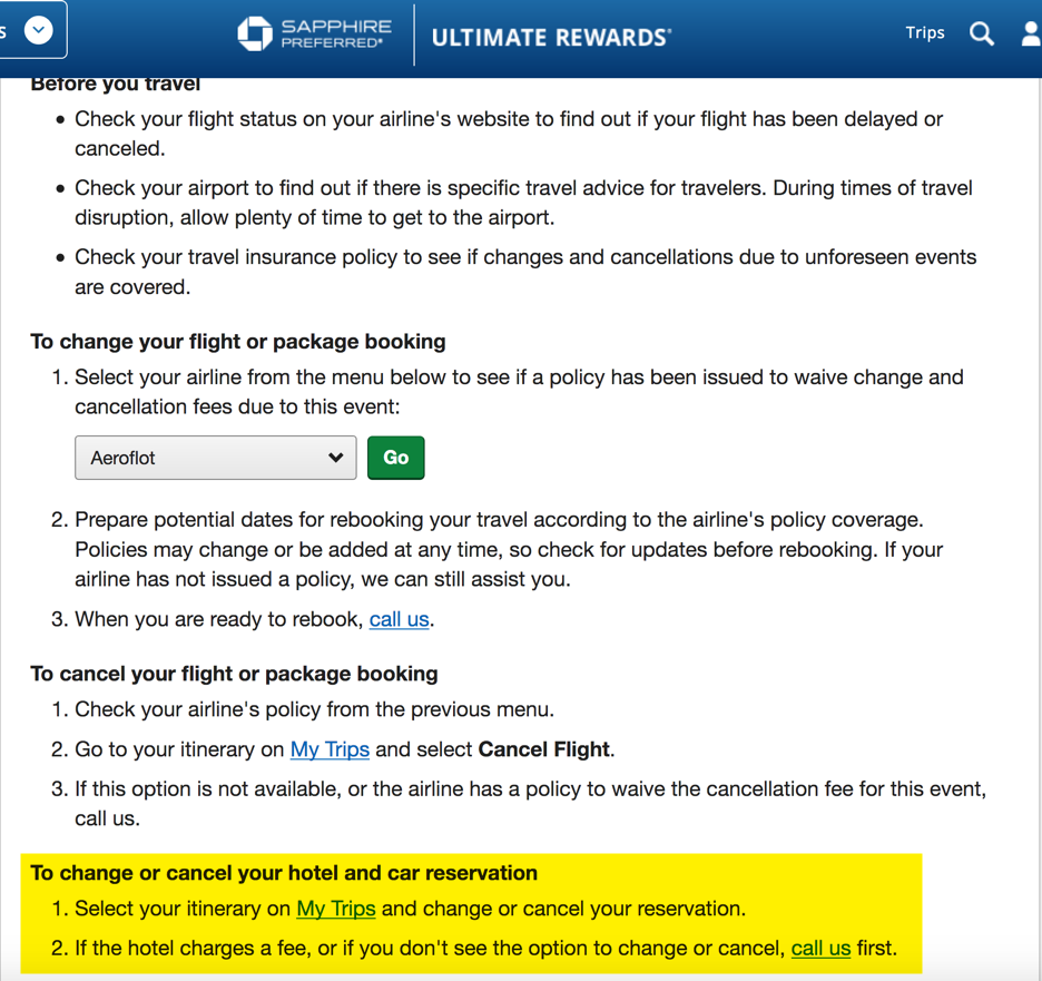 chase travel rewards cancellation policy