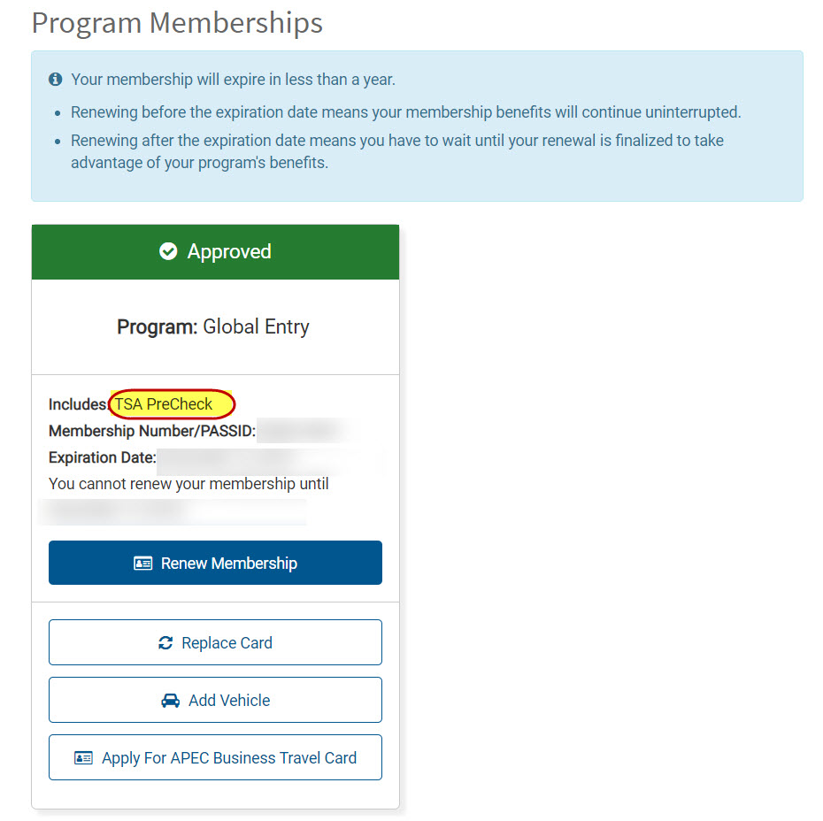 Global Entry, TSA Precheck, and known traveler memberships are