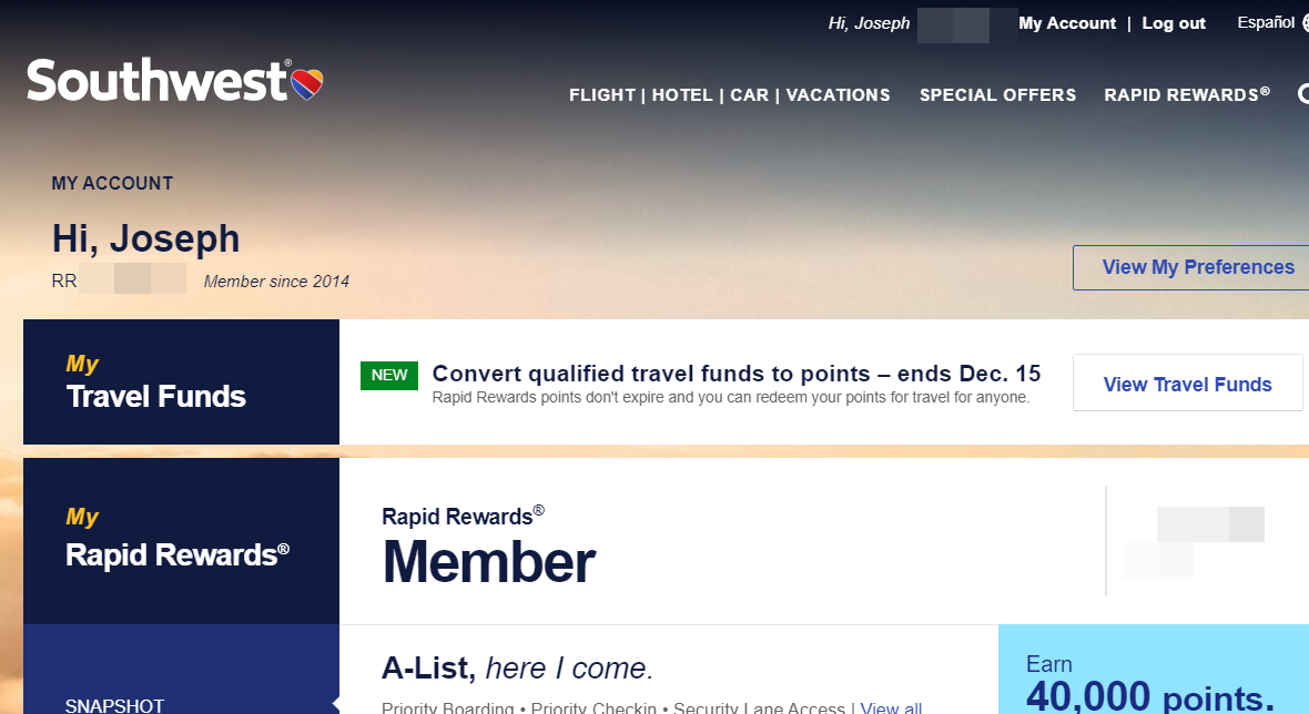 transfer travel funds to points southwest