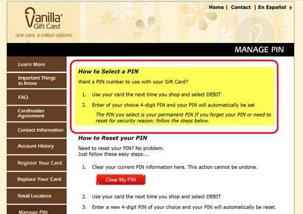 where to find pin number on visa gift card