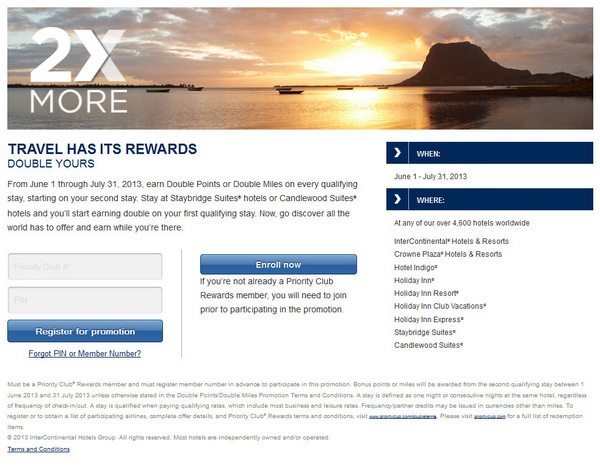 Double Priority Club Points or Miles Beginning with Second Stay
