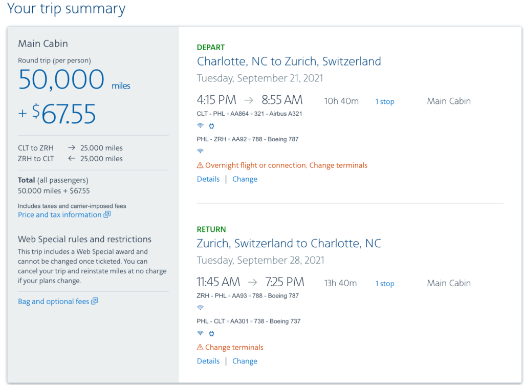 American Airlines Miles $2065 Value