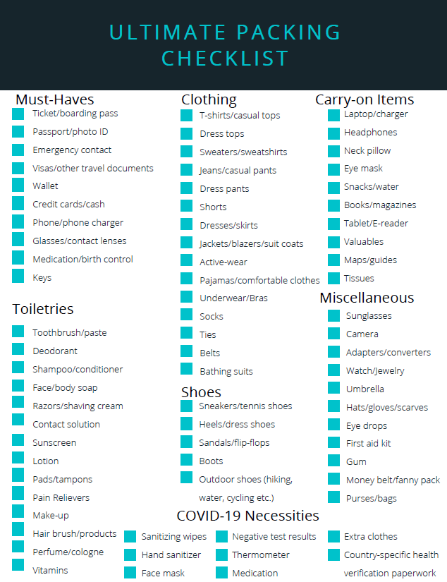 travel list pack