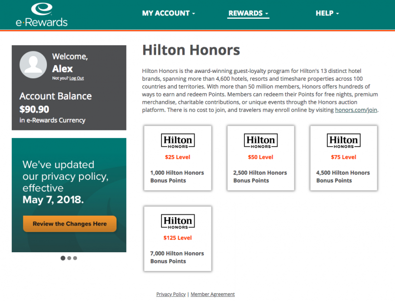 redeem erewards for hilton credit
