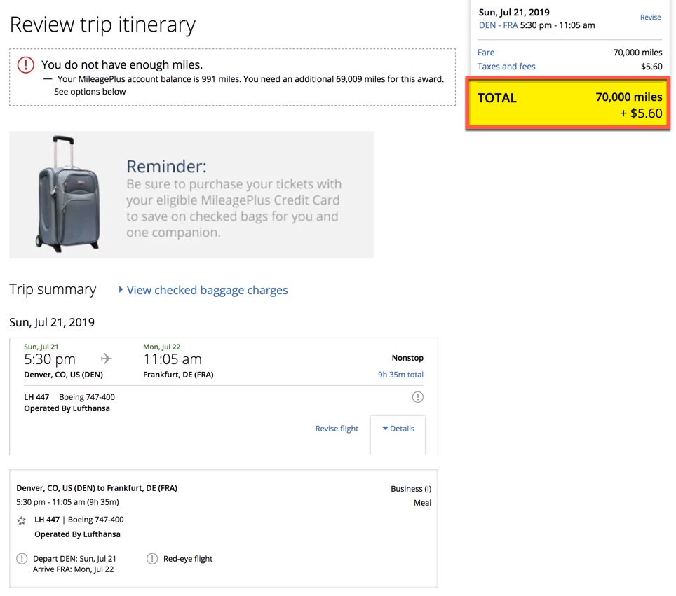 United Airlines Redeem Miles Chart