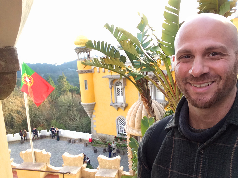 Scott in Sintra, Portugal, just outside Lisbon. This is an amazing yellow castle. It looks like Disney World but it's real!
