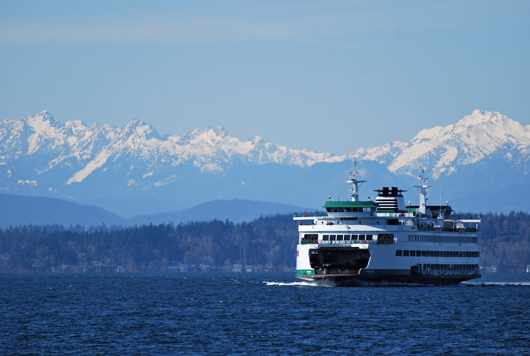 Washington State Ferry crossing Puget Sound with Olympic Mountains in the background