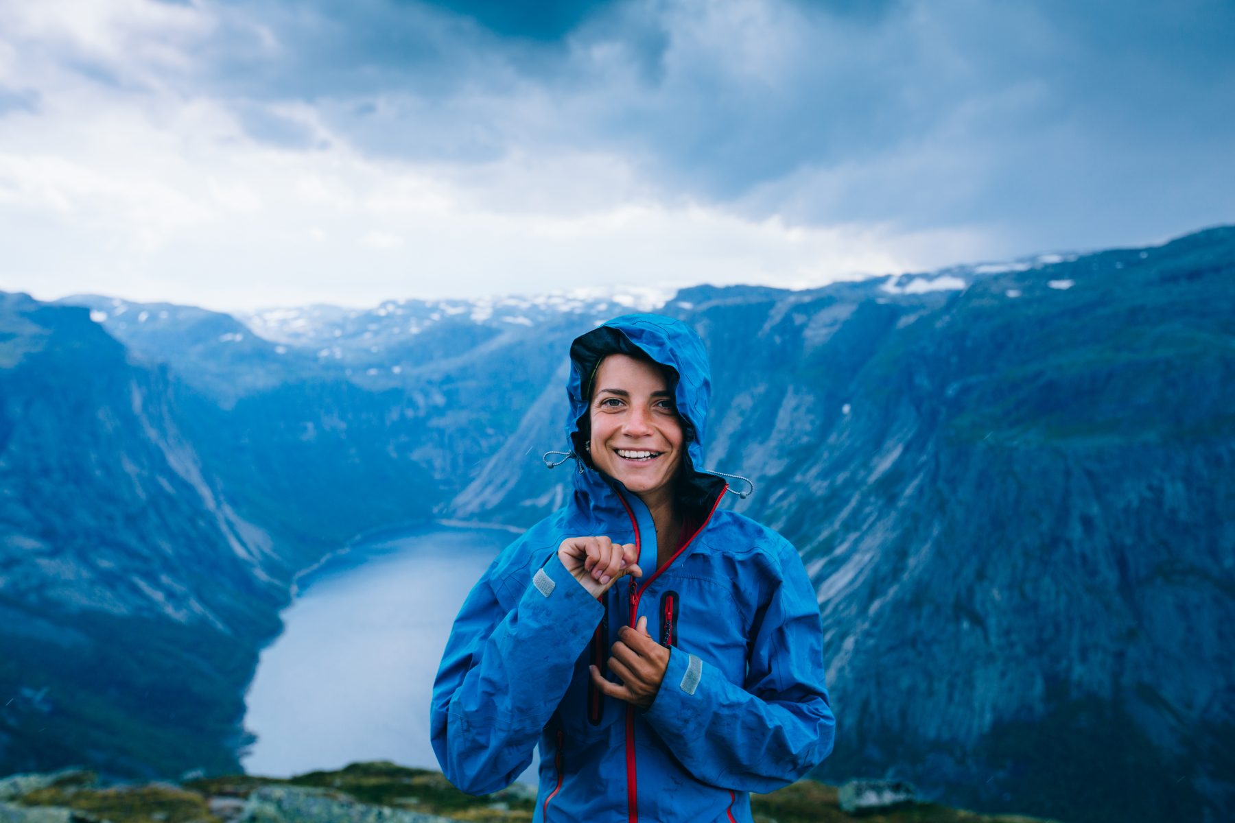 Woman wearing rain coat in Alaska